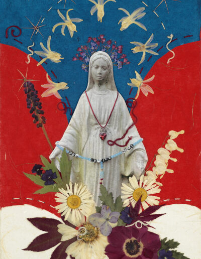 Mother Mary with flowers and red, white and blue background